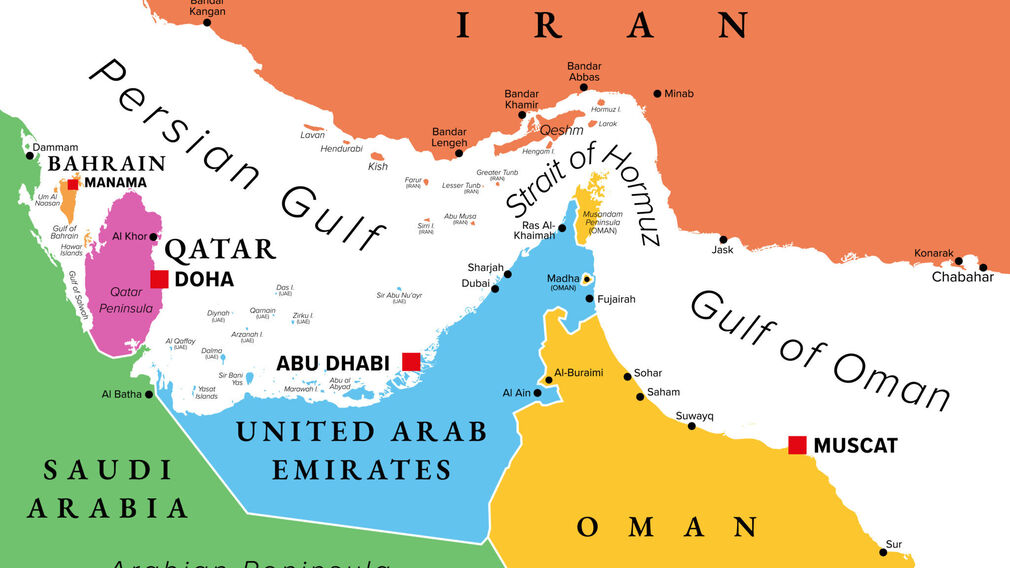 A colorful map showing the location of the Strait of Hormuz