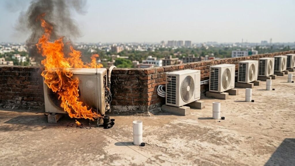 A row of air conditioning outdoor units on a rooftop, with the unit on the far left engulfed in flames and smoke against a city backdrop.