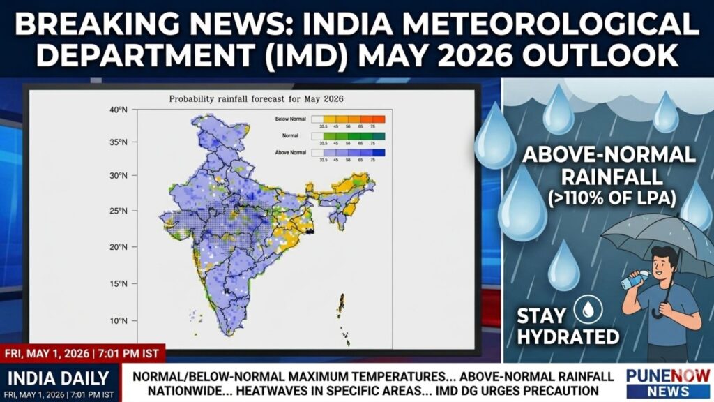 This is an infographic detailing the weather outlook in India for May 2026. The left side is a screen displaying a probability map of India for May 2026 with a legend below for Above Normal (33.5 - 75), Normal (33.5 - 75), and Below Normal (33.5 - 75). In the top left corner, there is a large 'BREAKING NEWS: INDIA METEOROLOGICAL DEPARTMENT (IMD) MAY 2026 OUTLOOK' headline, and in the bottom left, the date and time 'FRI, MAY 1, 2026 | 7:01 PM IST' is shown. The right side has rainfall data on top and a man under an umbrella with a water bottle with 'STAY HYDRATED' on the bottom. The news ticker on the bottom reads 'NORMAL/BELOW-NORMAL MAXIMUM TEMPERATURES... ABOVE-NORMAL RAINFALL NATIONWIDE... HEATWAVES IN SPECIFIC AREAS... IMD DG URGES PRECAUTION'. The 'PUNENOW NEWS' logo is displayed on the bottom right.