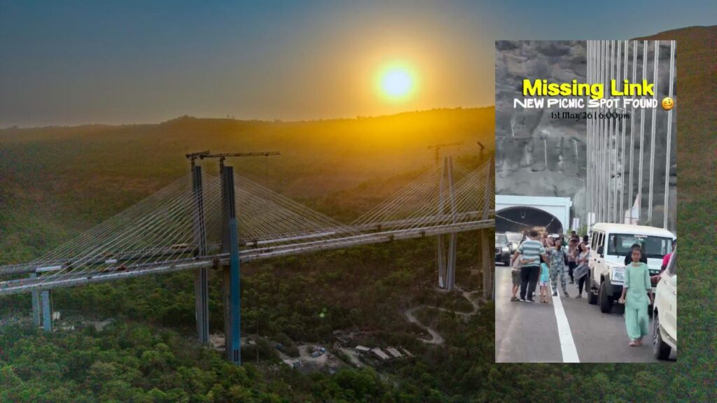 A split image showing the newly opened cable-stayed bridge of the Mumbai-Pune Expressway "Missing Link" at sunset on the left, and on the right, an inset showing people stopped on the highway with a text overlay reading "Missing Link NEW PICNIC SPOT FOUND".