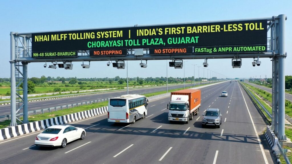 A wide-angle photograph of the NHAI Multi-Lane Free Flow (MLFF) barrier-less tolling system on NH-48 in Gujarat, India. A large overhead gantry displays digital signs that read 'INDIA'S FIRST BARRIER-LESS TOLL' and 'CHORAYASI TOLL PLAZA, GUJARAT', while cars and trucks drive through at speed without stopping, illustrating the new automated toll collection process using FASTag and ANPR technology.