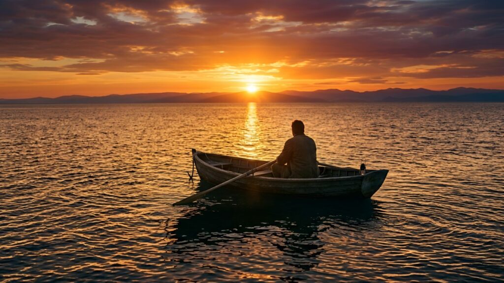 A wide, cinematic shot of a lone man sitting in a rustic wooden rowboat on the open ocean, viewed from behind with his back to the camera. He is looking out toward a dramatic, vibrant sunset on the horizon, where the setting sun casts a bright, glowing golden path of light that reflects across the ripples of the water's surface. The sky is filled with warm orange, gold, and dark, contrasting clouds, creating a calm, deeply reflective, and contemplative atmosphere.