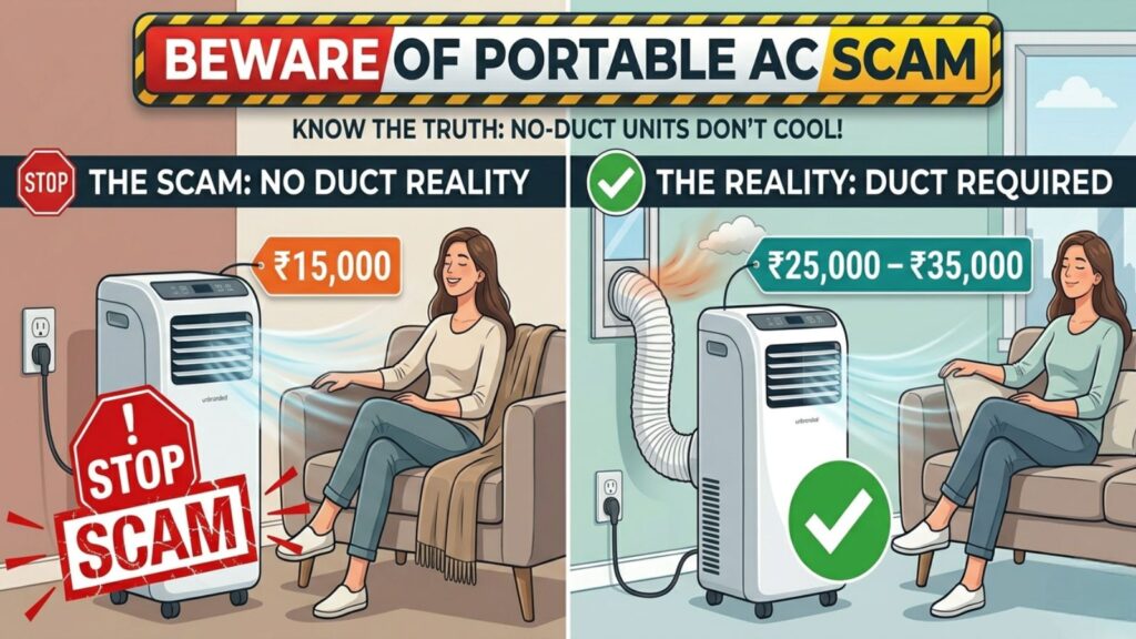 Infographic titled "Beware of Portable AC Scam" divided into two sections. On the left, a "Scam" scenario with an unvented portable AC unit priced at ₹15,000, a "Stop Scam" sign, and a woman sitting on a sofa enjoying a cool breeze. On the right, the "Reality" scenario showing the same portable AC with a hot air exhaust duct routed through a window, priced at ₹25,000–₹35,000, accompanied by a green checkmark indicating the correct setup.