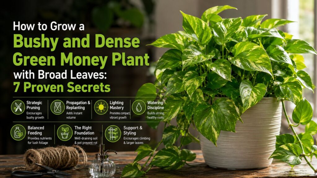 Infographic for growing a bushy and dense green money plant with broad leaves, featuring seven care tips alongside a vibrant pothos plant in a white pot.