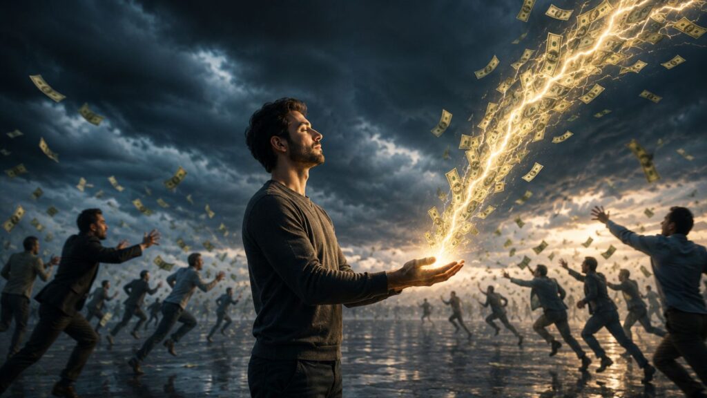 A man stands still with his eyes closed and hands open, catching a brilliant bolt of golden lightning that transforms into floating US dollar bills, while a chaotic crowd of people in the background frantically runs around trying to chase the scattering money under a dark, stormy sky.